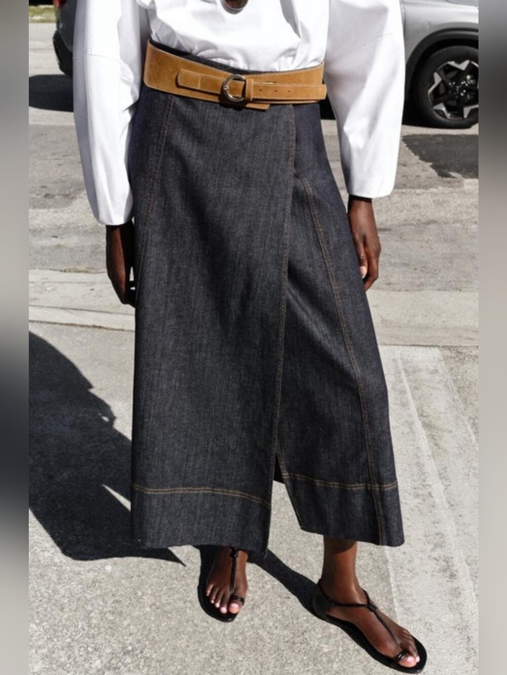 ZARA Z1975 DENIM MIDI SKIRT WITH BELT SIZE L